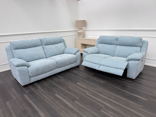 Starlight Light Blue Herringbone Fabric 3 & 2 Seater Power Recliner Sofa Set