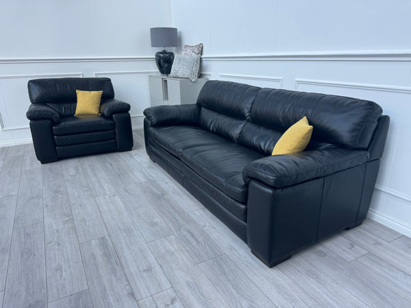 Cozee 3 Seater Sofa + Armchair Set in Jet Black Pure Leather