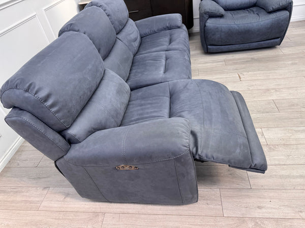 Link Saddle Fabric Blue 3 Seater & Armchair Power Recliner Sofa Set