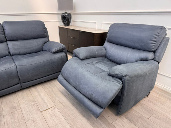 Link Saddle Fabric Blue 3 Seater & Armchair Power Recliner Sofa Set