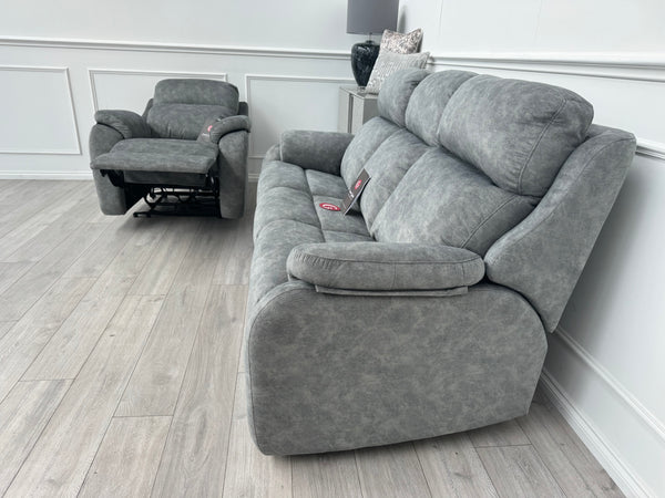 Kingsbury Grey Velour Static 3 Seater Sofa + Power Recliner Armchair