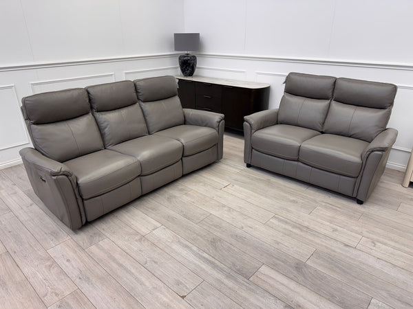Piccolo Grey Leather 3 & 2 Seater Power Recliner Sofa Set