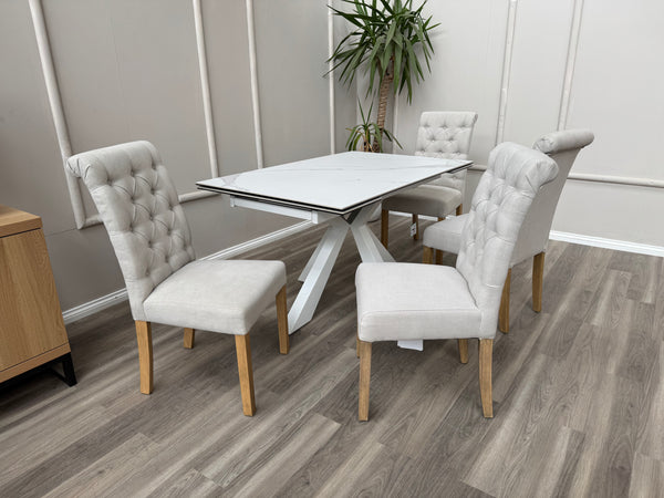 Hamilton White Fabric Buttoned Back Wooden Dining Chairs