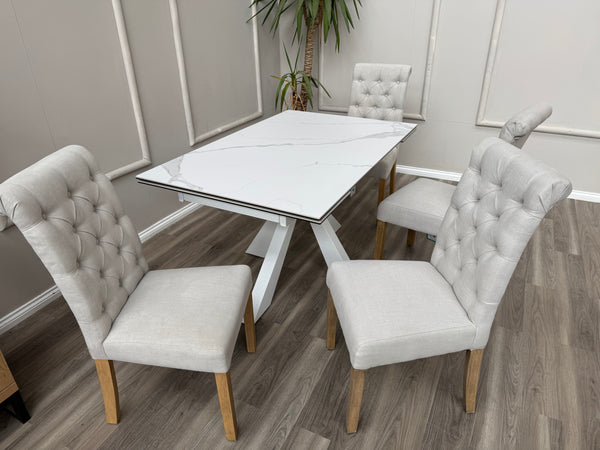 Hamilton White Fabric Buttoned Back Wooden Dining Chairs