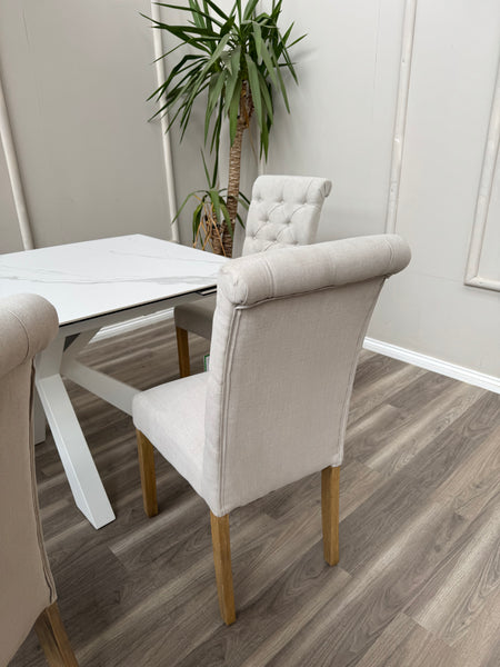 Hamilton White Fabric Buttoned Back Wooden Dining Chairs