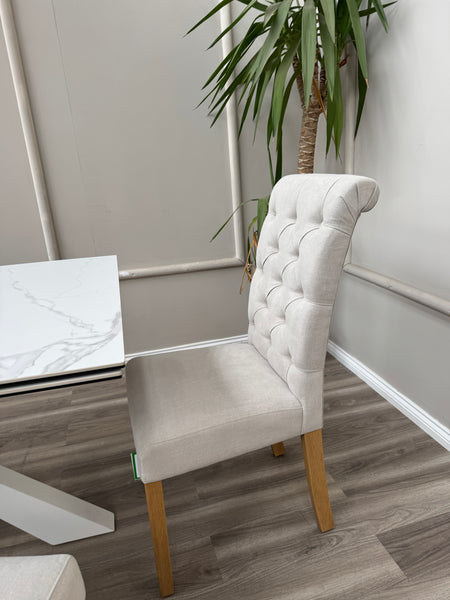 Hamilton White Fabric Buttoned Back Wooden Dining Chairs