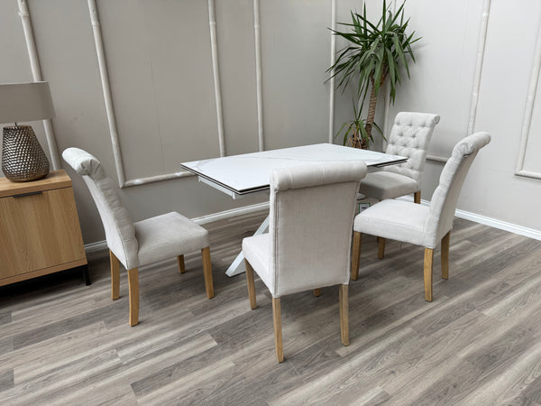 Hamilton White Fabric Buttoned Back Wooden Dining Chairs