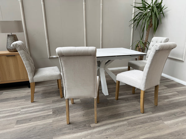Hamilton White Fabric Buttoned Back Wooden Dining Chairs
