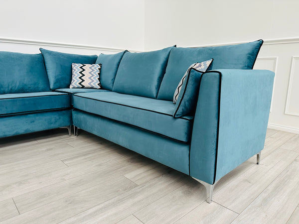 Brand New Santorini Teal Velvet Corner Sofa - Ready for fast delivery
