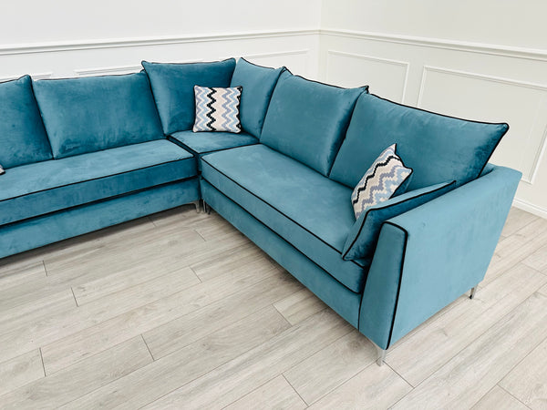 Brand New Santorini Teal Velvet Corner Sofa - Ready for fast delivery