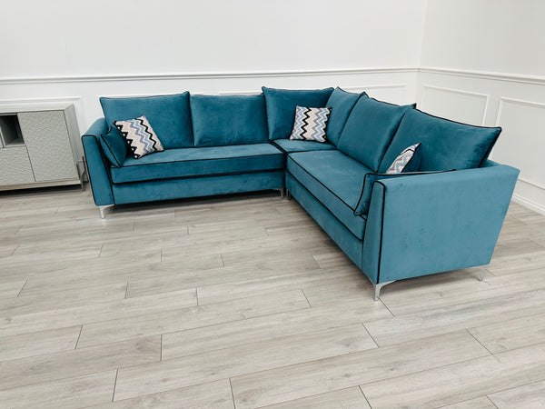 Brand New Santorini Teal Velvet Corner Sofa - Ready for fast delivery