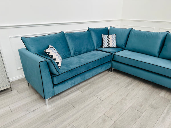 Brand New Santorini Teal Velvet Corner Sofa - Ready for fast delivery