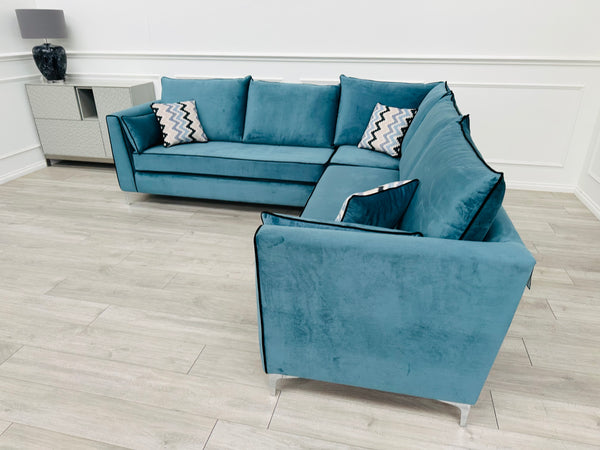 Brand New Santorini Teal Velvet Corner Sofa - Ready for fast delivery