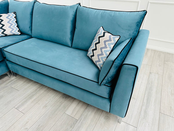 Brand New Santorini Teal Velvet Corner Sofa - Ready for fast delivery