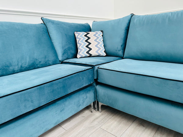 Brand New Santorini Teal Velvet Corner Sofa - Ready for fast delivery