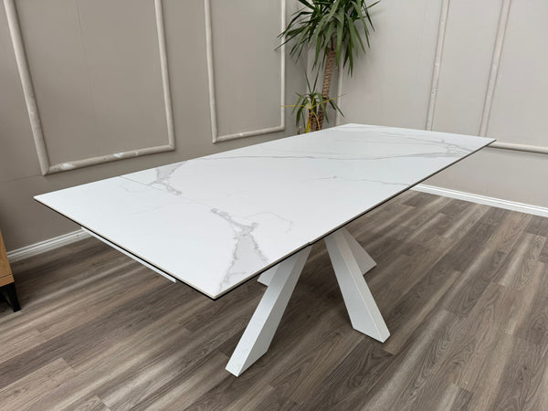 Glacier Extending Ceramic White Dining Table Marble Top Effect