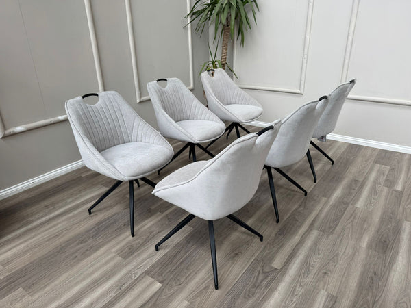Jai Swivel Dining Chairs Light Grey Fabric Fluted Design Stylish Kitchen Chairs