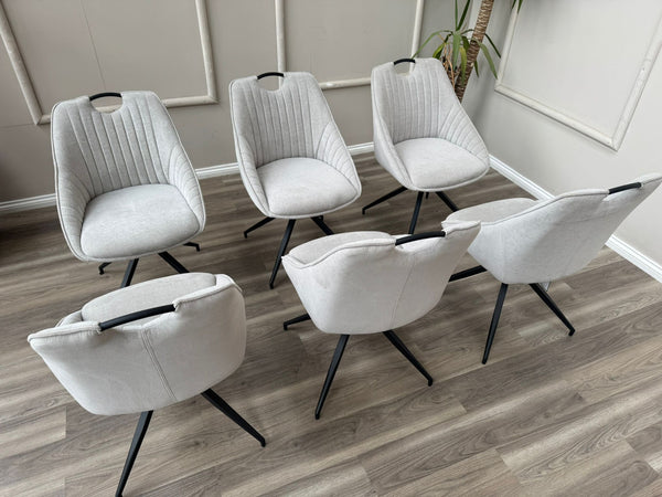 Jai Swivel Dining Chairs Light Grey Fabric Fluted Design Stylish Kitchen Chairs