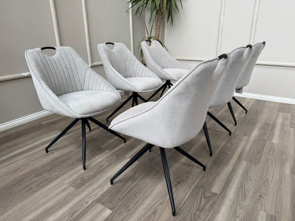 Jai Swivel Dining Chairs Light Grey Fabric Fluted Design Stylish Kitchen Chairs