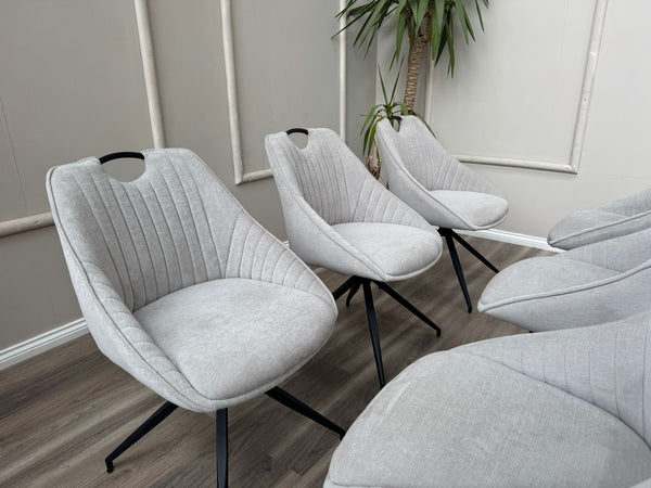 Jai Swivel Dining Chairs Light Grey Fabric Fluted Design Stylish Kitchen Chairs