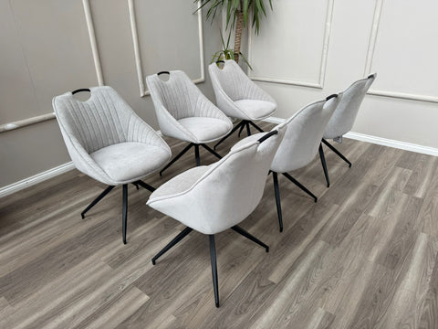 Jai Swivel Dining Chairs Light Grey Fabric Fluted Design Stylish Kitchen Chairs
