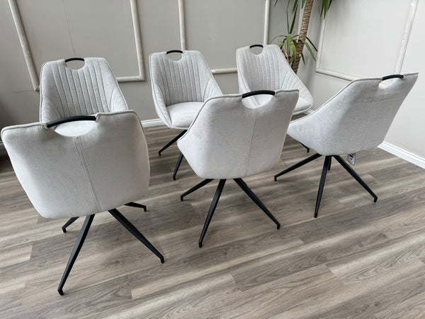 Jai Swivel Dining Chairs Light Grey Fabric Fluted Design Stylish Kitchen Chairs