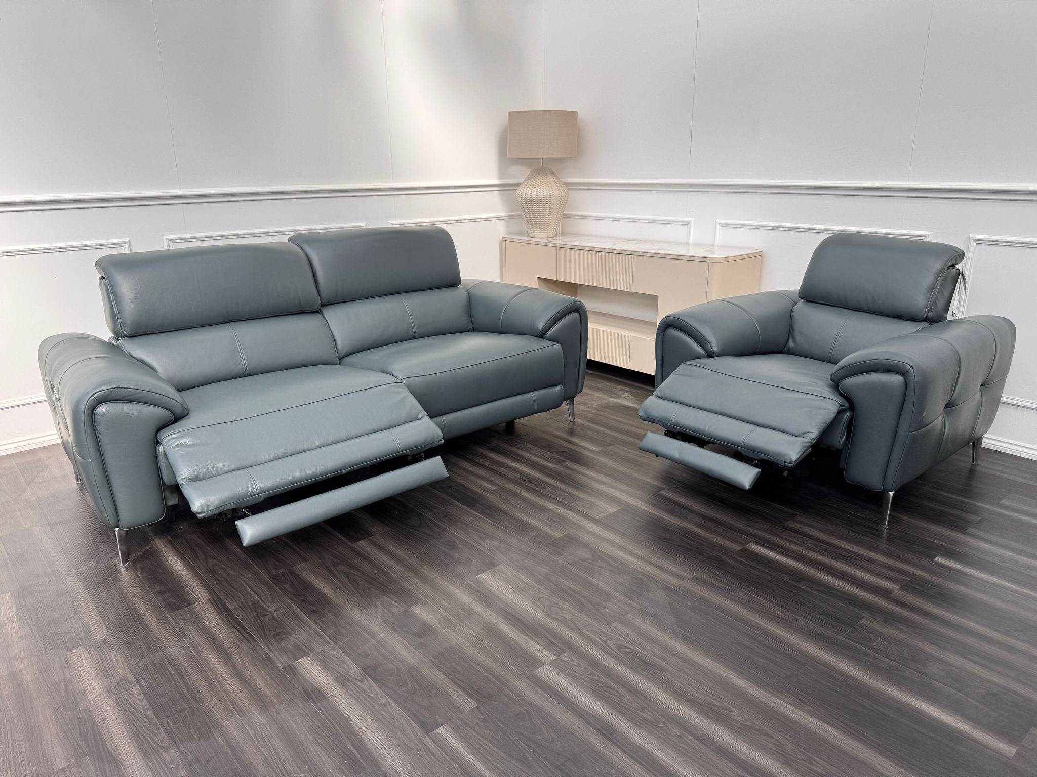 Vino Green Leather 3 & 1 Seater Power Recliner Power Headrest Sofa Set