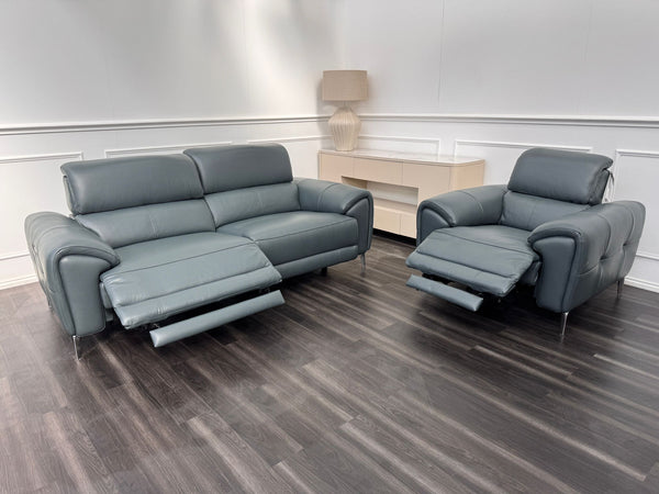 Vino Green Leather 3 & 1 Seater Power Recliner Power Headrest Sofa Set