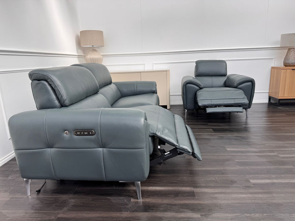 Vino Green Leather 3 & 1 Seater Power Recliner Power Headrest Sofa Set