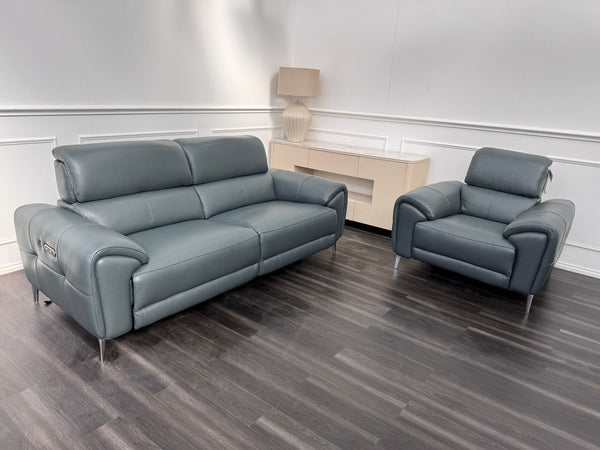 Vino Green Leather 3 & 1 Seater Power Recliner Power Headrest Sofa Set