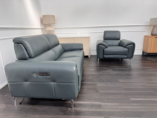 Vino Green Leather 3 & 1 Seater Power Recliner Power Headrest Sofa Set