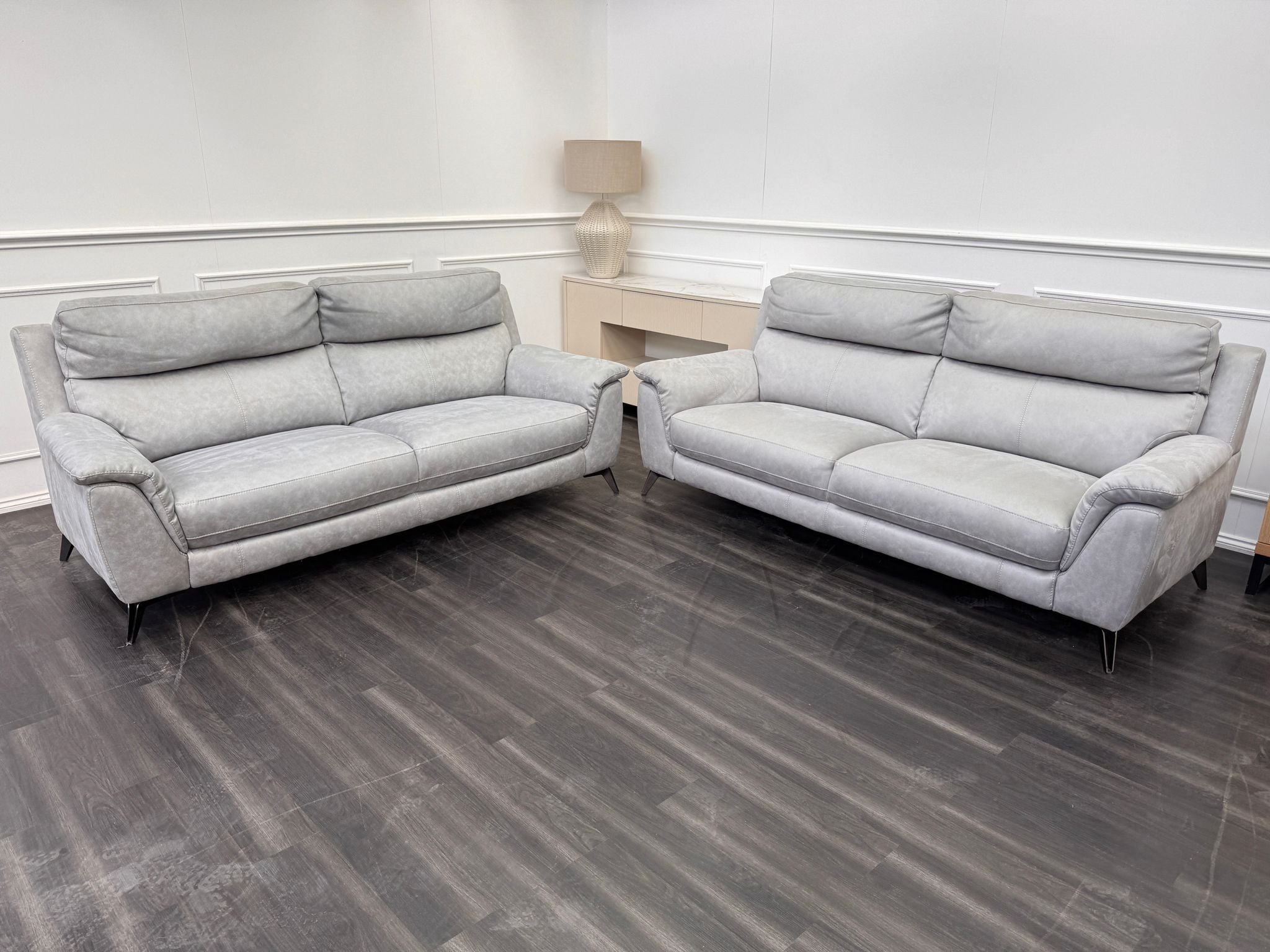 Pair of Contempo 3 Seater Grey Saddle Leather Sofa Set