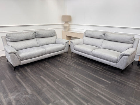 Pair of Contempo 3 Seater Grey Saddle Leather Sofa Set