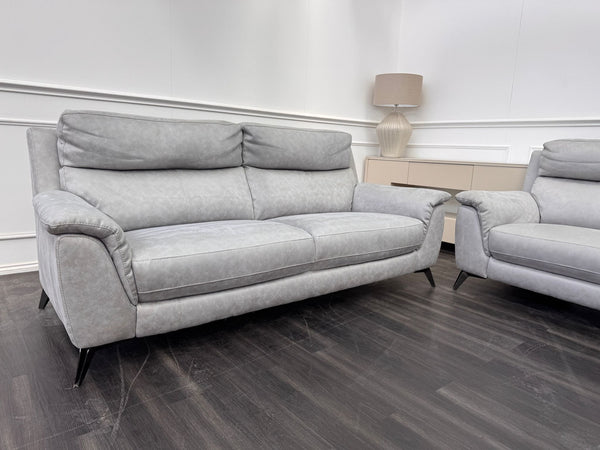 Pair of Contempo 3 Seater Grey Saddle Leather Sofa Set