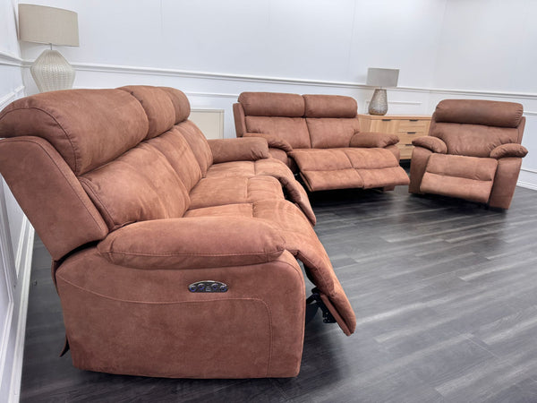 Moreno large sofa set 3 & 2 Seater & Armchair Tan Brown Saddle Fabric Power Recliner Power Headrest Set