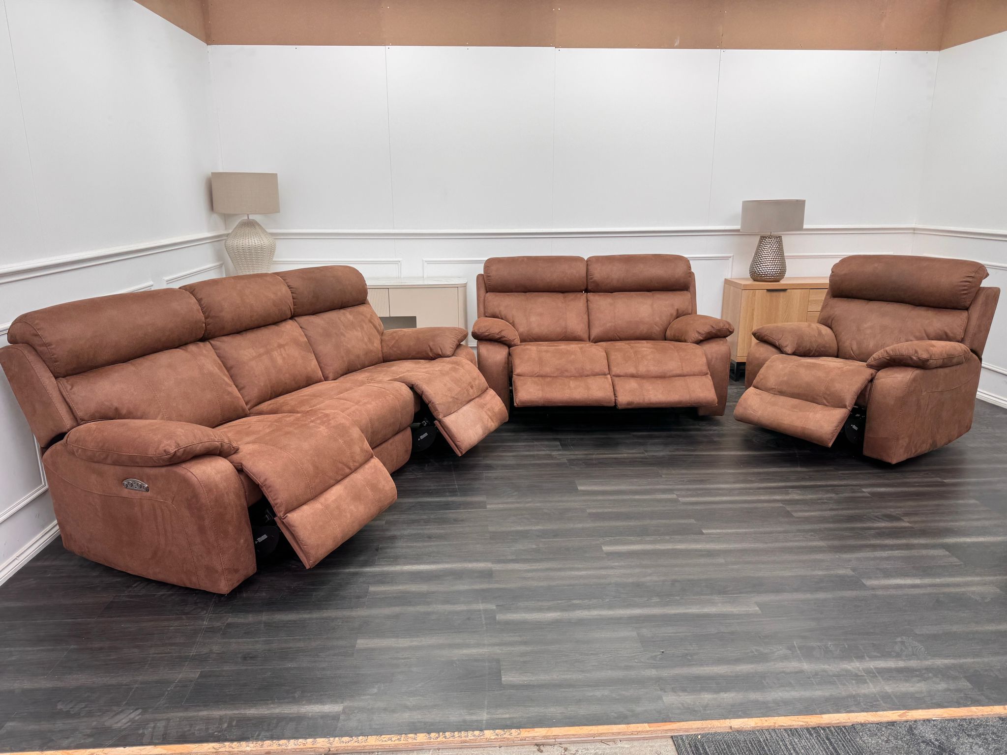 Moreno large sofa set 3 & 2 Seater & Armchair Tan Brown Saddle Fabric Power Recliner Power Headrest Set