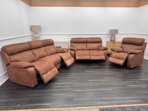 Moreno large sofa set 3 & 2 Seater & Armchair Tan Brown Saddle Fabric Power Recliner Power Headrest Set