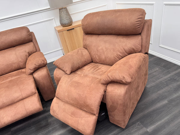 Moreno large sofa set 3 & 2 Seater & Armchair Tan Brown Saddle Fabric Power Recliner Power Headrest Set