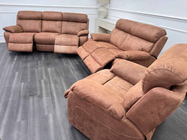 Moreno large sofa set 3 & 2 Seater & Armchair Tan Brown Saddle Fabric Power Recliner Power Headrest Set