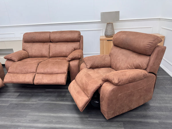 Moreno large sofa set 3 & 2 Seater & Armchair Tan Brown Saddle Fabric Power Recliner Power Headrest Set