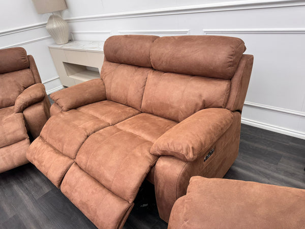 Moreno large sofa set 3 & 2 Seater & Armchair Tan Brown Saddle Fabric Power Recliner Power Headrest Set