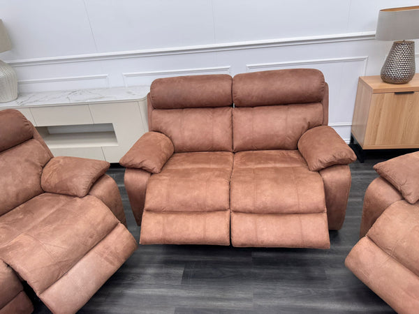 Moreno large sofa set 3 & 2 Seater & Armchair Tan Brown Saddle Fabric Power Recliner Power Headrest Set