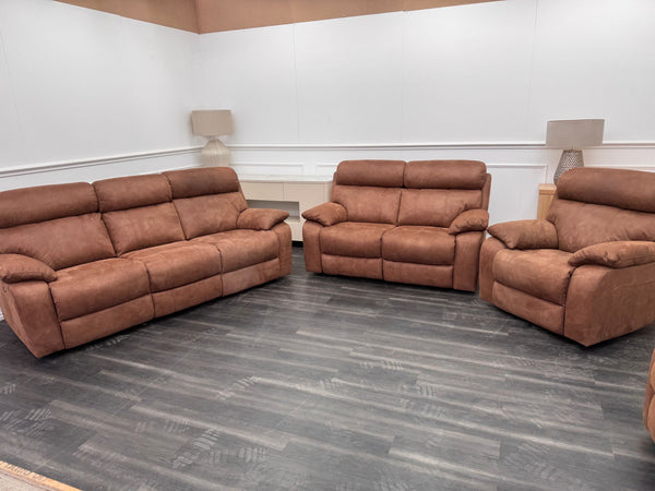 Moreno large sofa set 3 & 2 Seater & Armchair Tan Brown Saddle Fabric Power Recliner Power Headrest Set