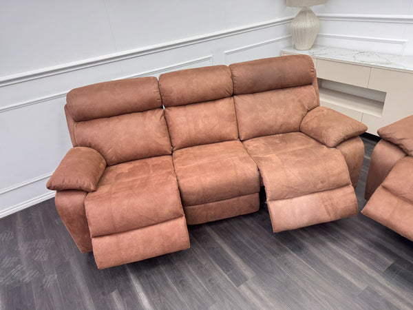 Moreno large sofa set 3 & 2 Seater & Armchair Tan Brown Saddle Fabric Power Recliner Power Headrest Set