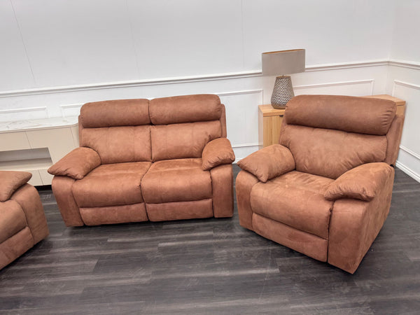 Moreno large sofa set 3 & 2 Seater & Armchair Tan Brown Saddle Fabric Power Recliner Power Headrest Set