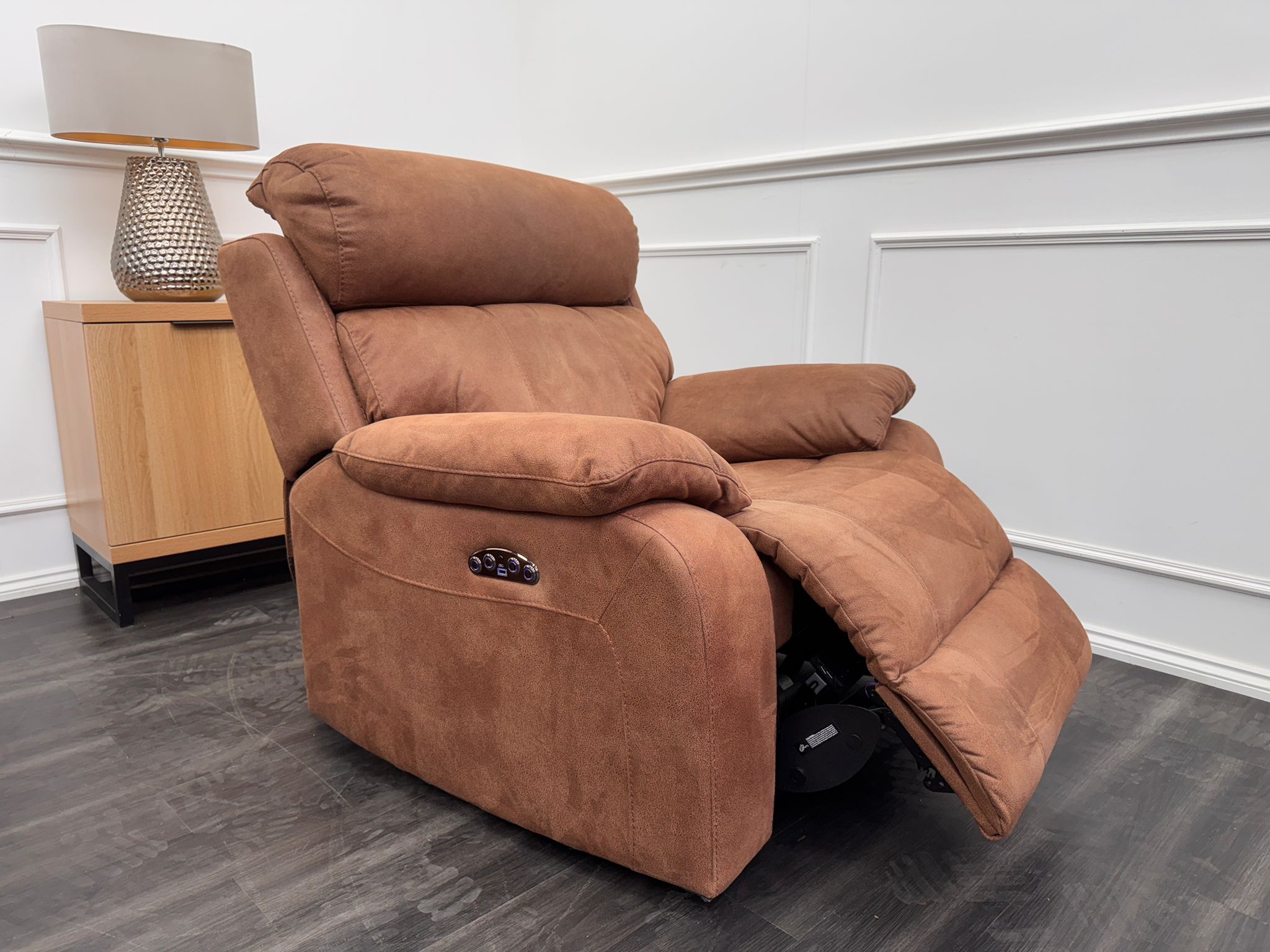 Moreno Armchair Tan Brown Saddle Fabric Power Recliner Power Headrest