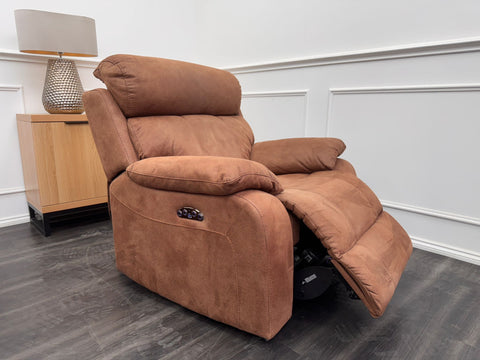 Moreno Armchair Tan Brown Saddle Fabric Power Recliner Power Headrest