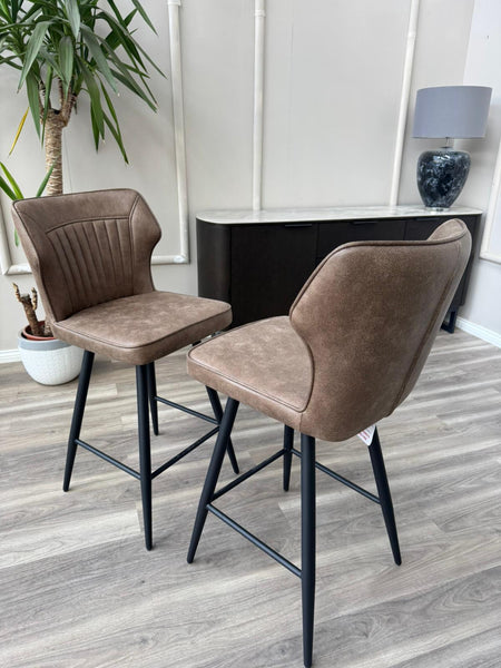 Aydin Brown Faux Leather Aesthetic Fluted Kitchen Bar Stool