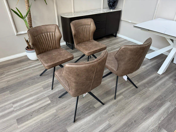 Aydin Brown Faux Leather Contemporary Stylish Aesthetic Swivel Fluted Dining Chair