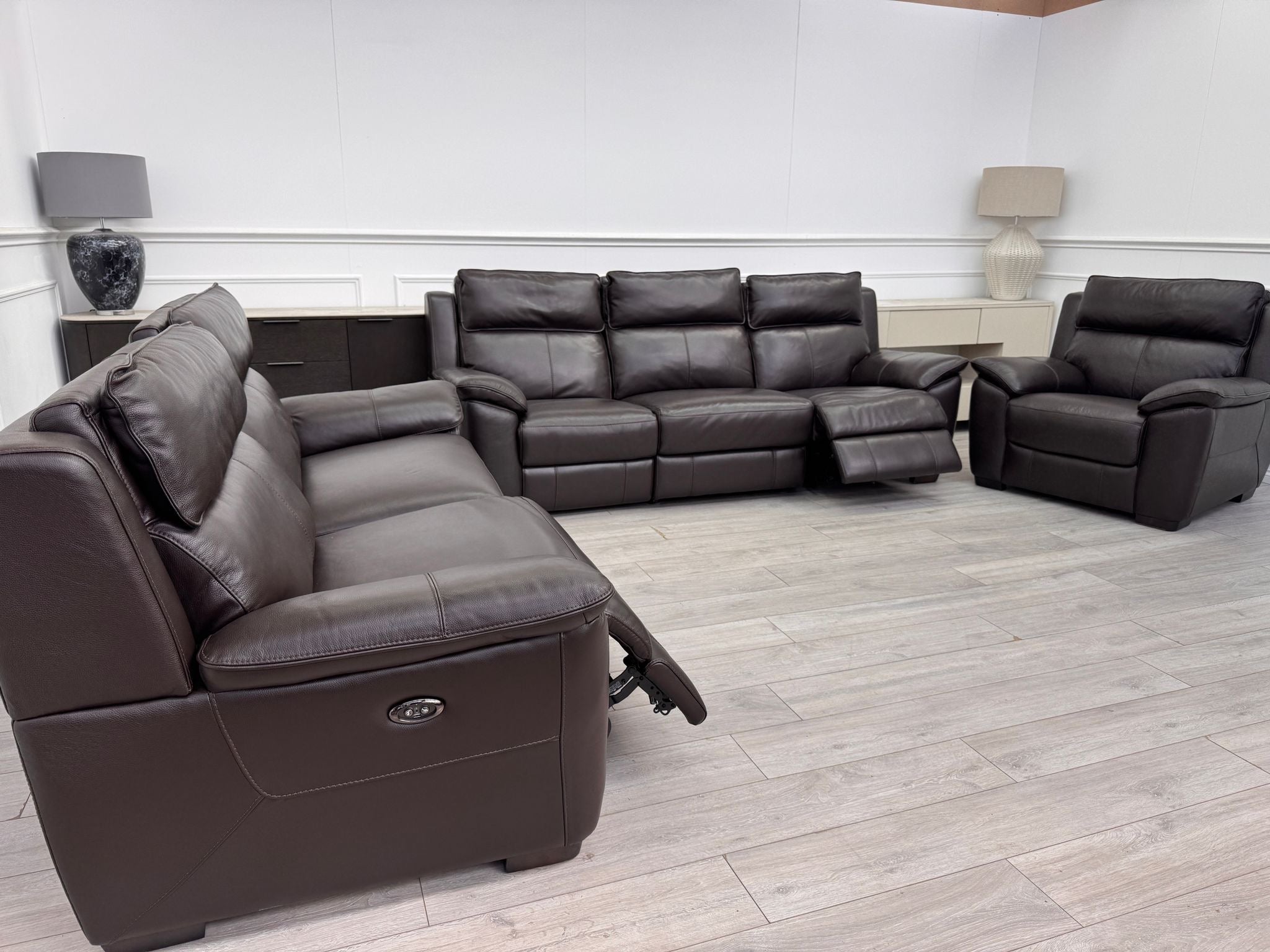 Brown Leather 3 & 2 Seater & Armchair Power Recliner Large Sofa Set